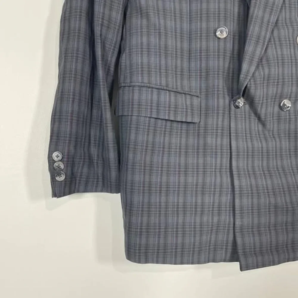 VTG Woodhouse Cloth‎ Mens Double Breasted Blazer Dark Gray Blue Plaid UK 90s 44R